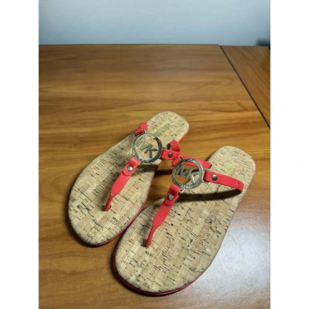 Women's Michael Kors Red Charm Jelly PVC Logo Flip Flop Sandals Cork 7B
